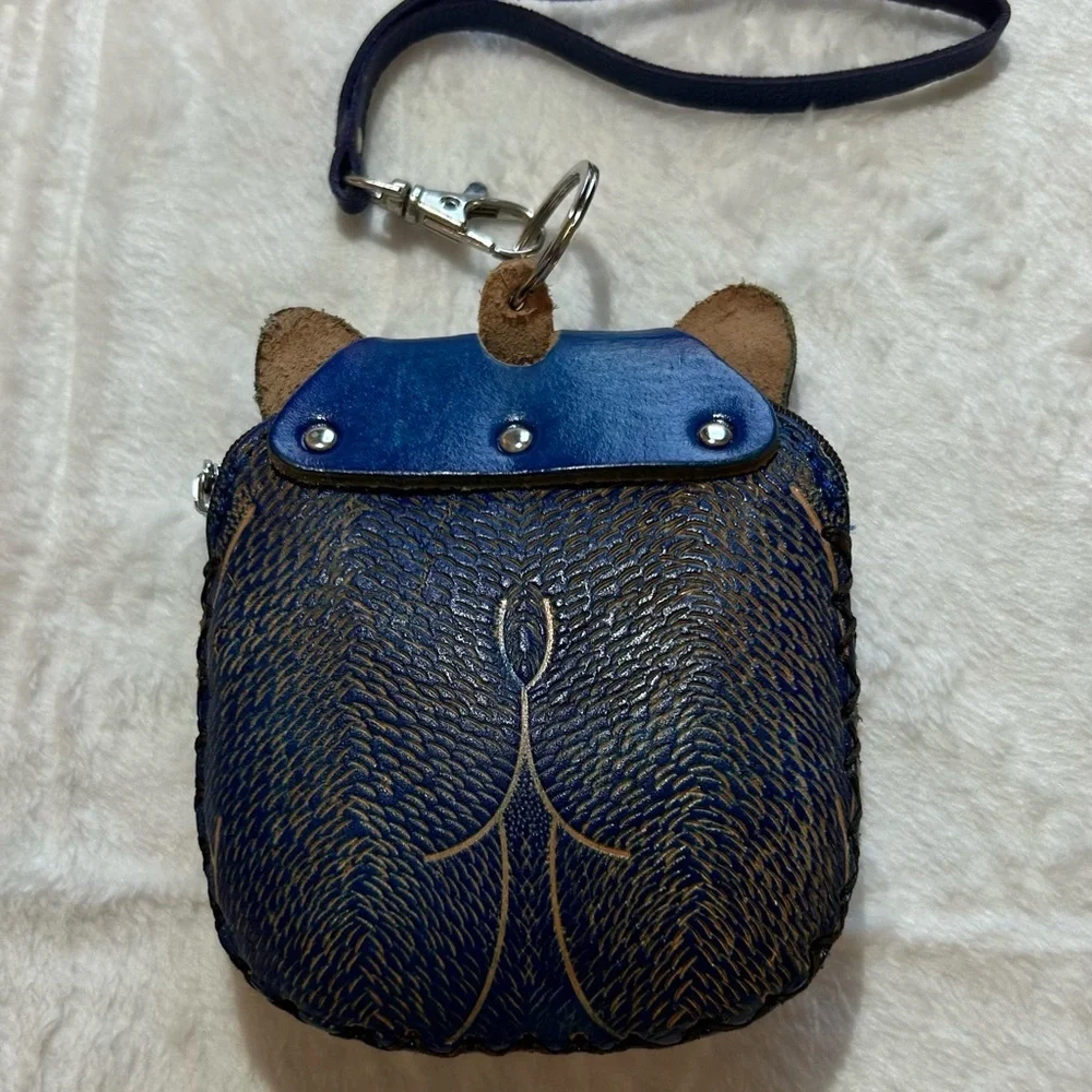 Handmade Embossed Genuine Leather Cat & Fish Coin Purse/Wristlet/ Pouch